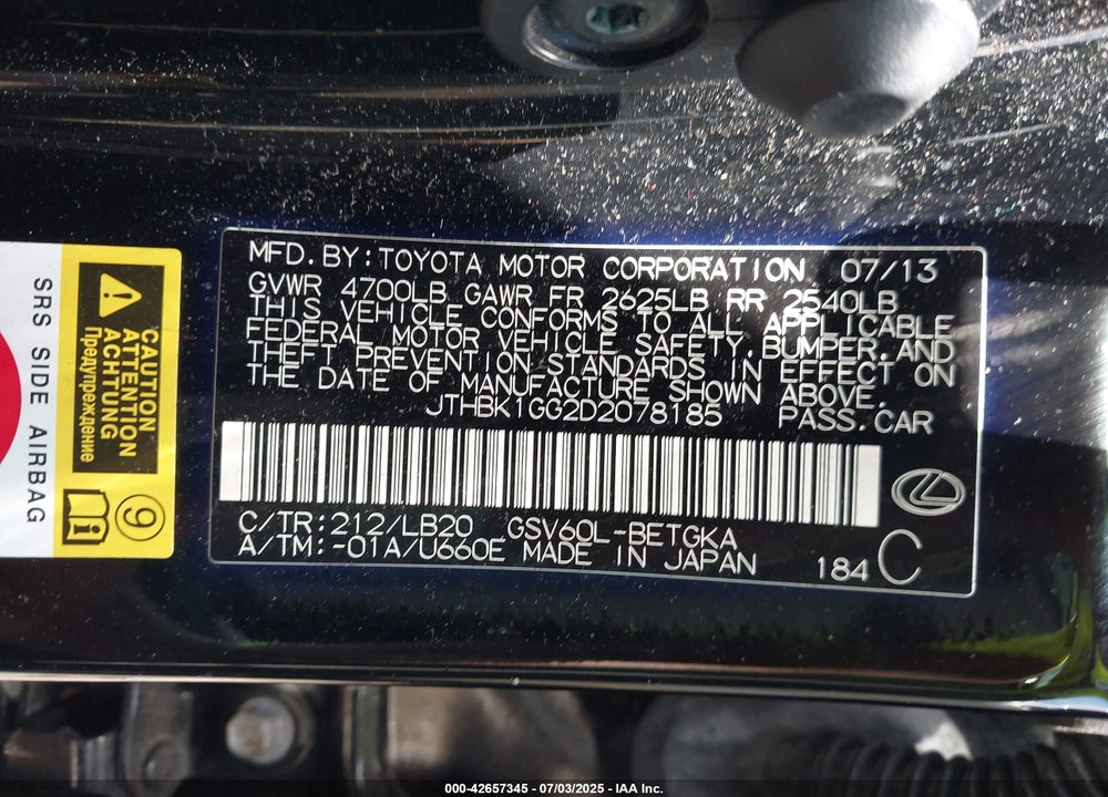 2013 LEXUS ES 350 VIN: JTHBK1GG2D2078185