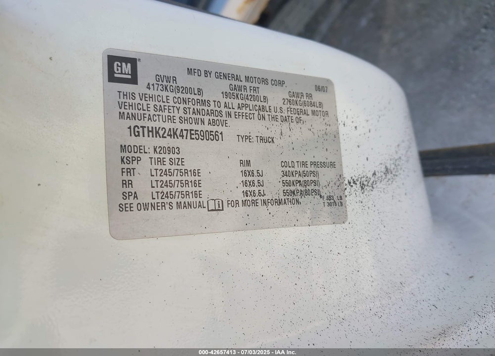 2007 GMC SIERRA 2500HD WORK TRUCK VIN: 1GTHK24K47E590561
