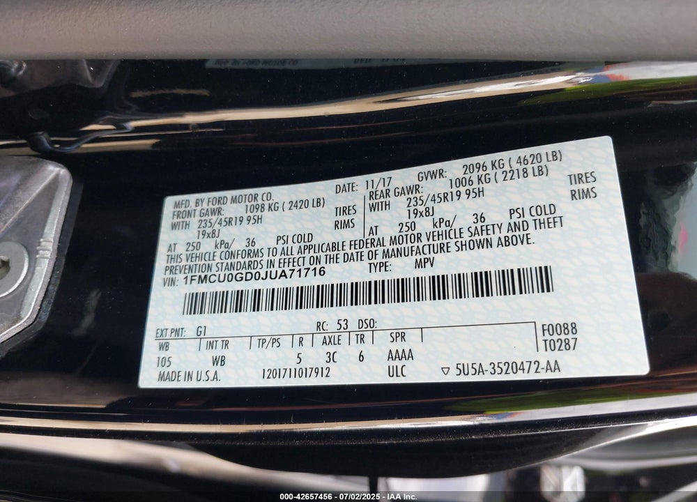 2018 FORD ESCAPE VIN: 1FMCU0GD0JUA71716