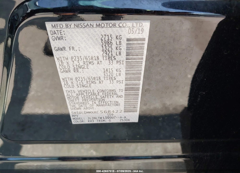 2019 INFINITI QX60 VIN: 5N1DL0MMXKC568422