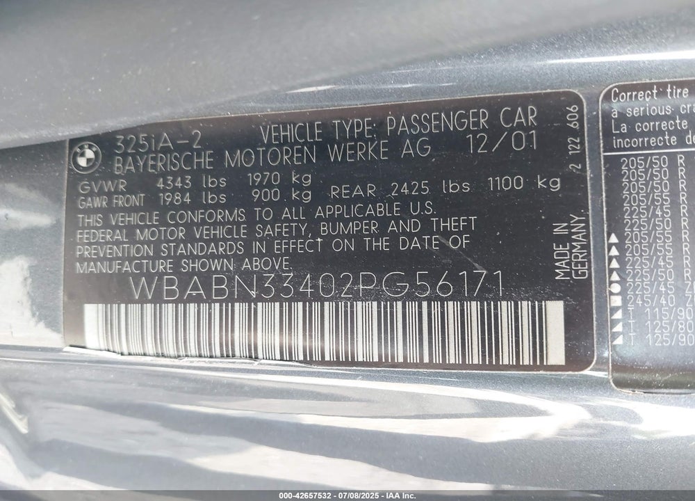 2002 BMW 325CI VIN: WBABN33402PG56171