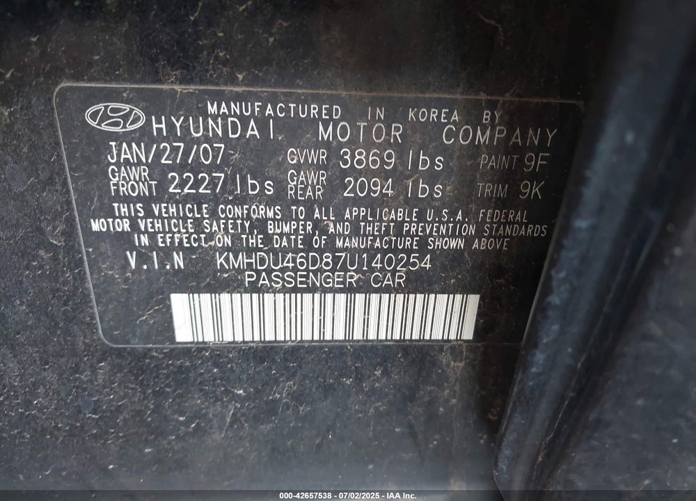 2007 HYUNDAI ELANTRA VIN: KMHDU46D87U140254