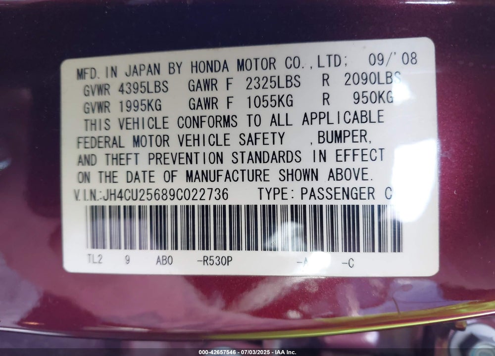 2009 ACURA TSX VIN: JH4CU25689C022736