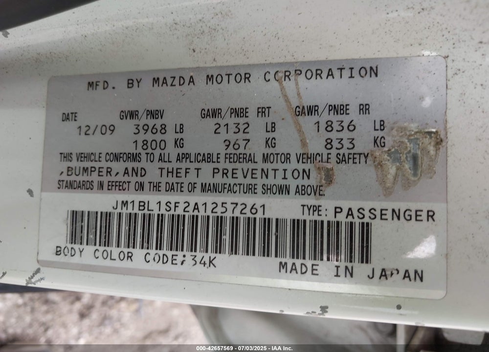 2010 MAZDA 3 I TOURING VIN: JM1BL1SF2A1257261