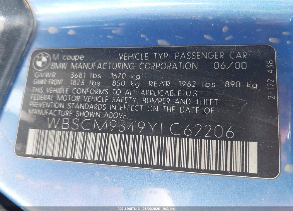 2000 BMW M VIN: WBSCM9349YLC62206