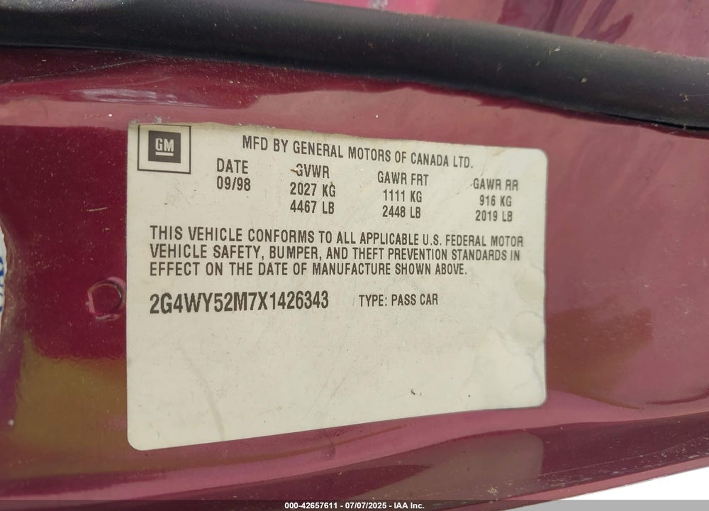 1999 BUICK CENTURY LIMITED VIN: 2G4WY52M7X1426343