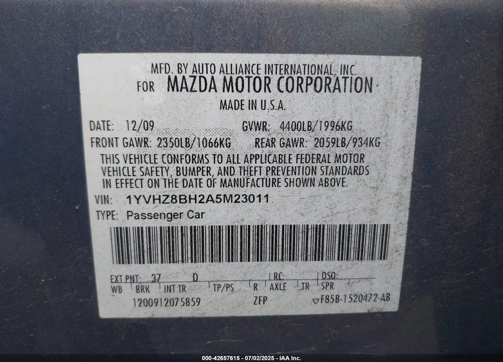 2010 MAZDA MAZDA6 VIN: 1YVHZ8BH2A5M23011