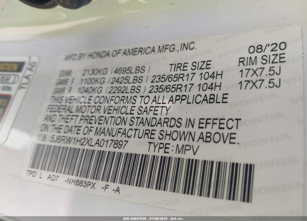 2020 HONDA CR-V VIN: 5J6RW1H2XLA017897