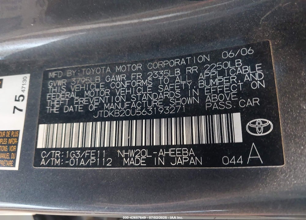 2006 TOYOTA PRIUS VIN: JTDKB20U563193271