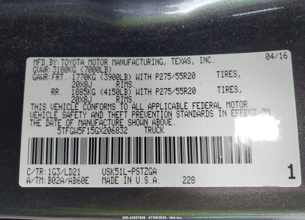 2016 TOYOTA TUNDRA VIN: 5TFGW5F15GX206832