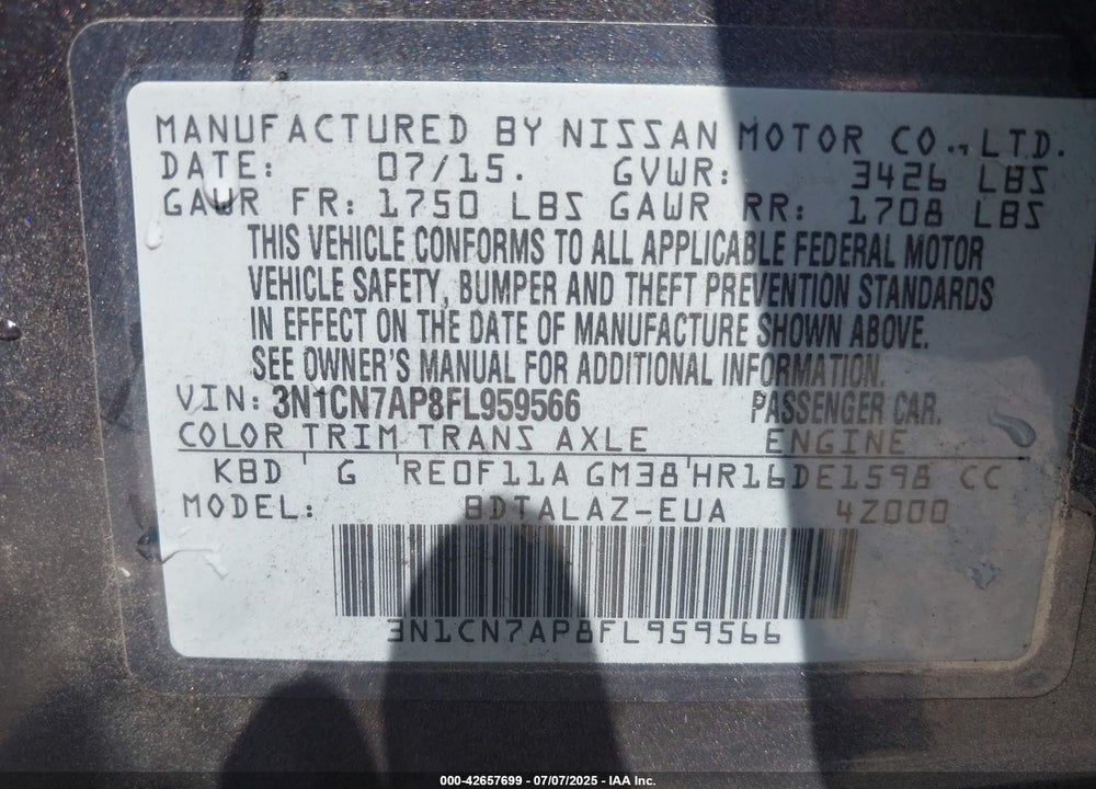 2015 NISSAN VERSA VIN: 3N1CN7AP8FL959566