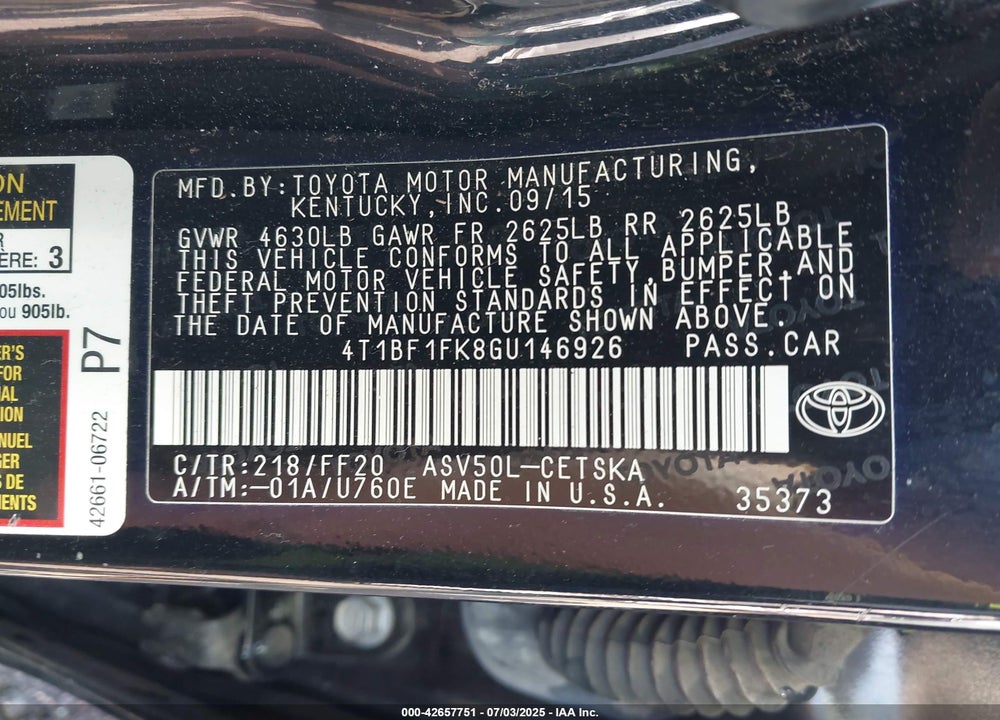 2016 TOYOTA CAMRY VIN: 4T1BF1FK8GU146926