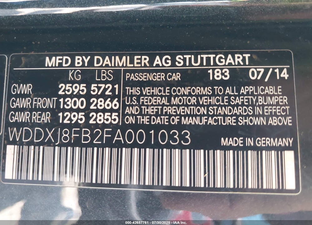 2015 MERCEDES-BENZ S CLASS VIN: WDDXJ8FB2FA001033