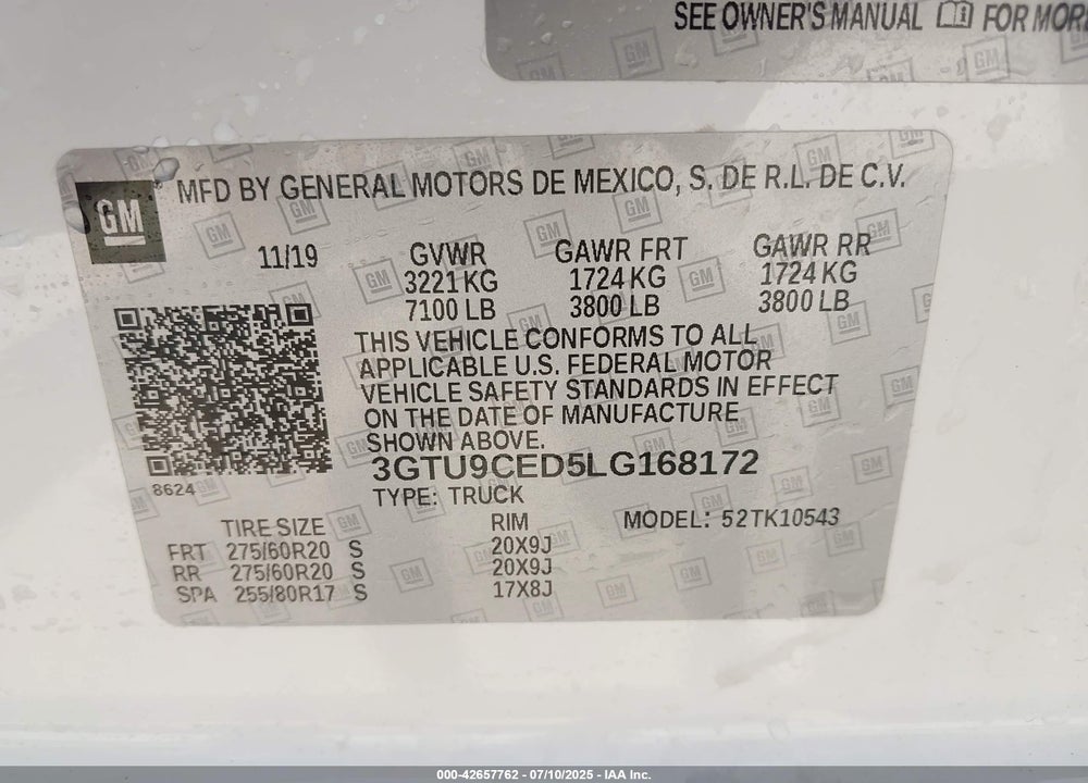 2020 GMC SIERRA 1500 VIN: 3GTU9CED5LG168172