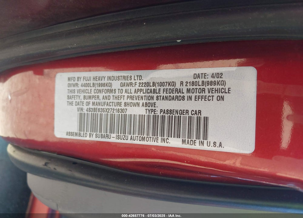 2002 SUBARU LEGACY L VIN: 4S3BE635X27216307