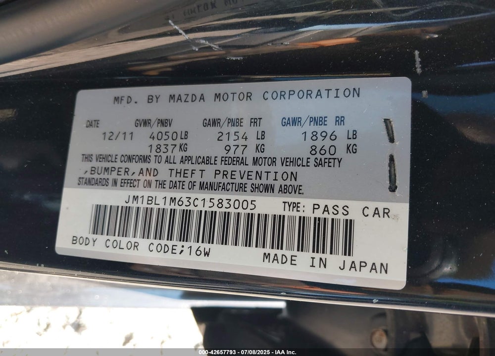 2012 MAZDA 3 VIN: JM1BL1M63C1583005