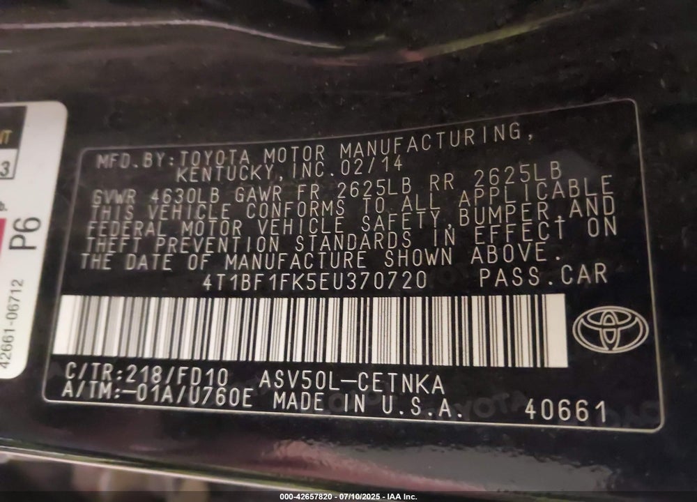 2014 TOYOTA CAMRY VIN: 4T1BF1FK5EU370720