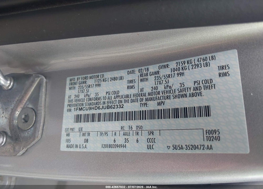 2018 FORD ESCAPE VIN: 1FMCU9HD6JUB62332