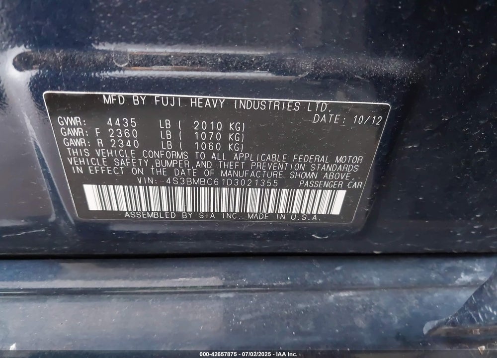2013 SUBARU LEGACY VIN: 4S3BMBC61D3021355
