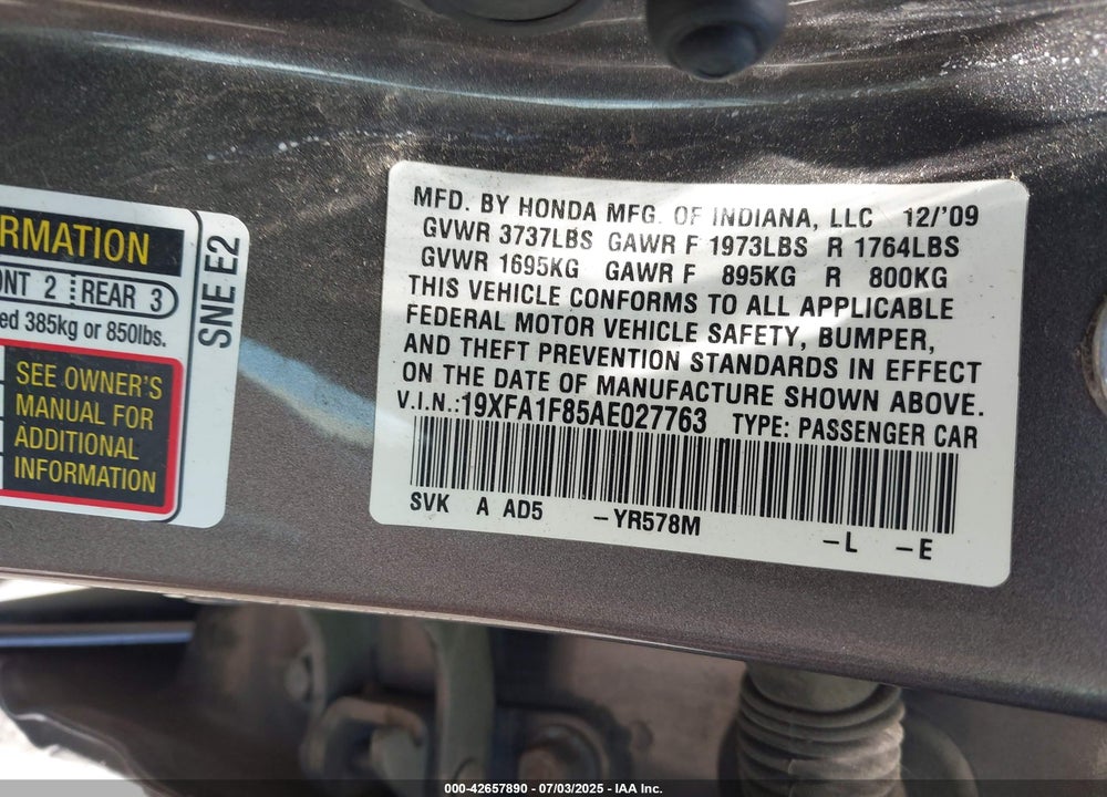 2010 HONDA CIVIC VIN: 19XFA1F85AE027763