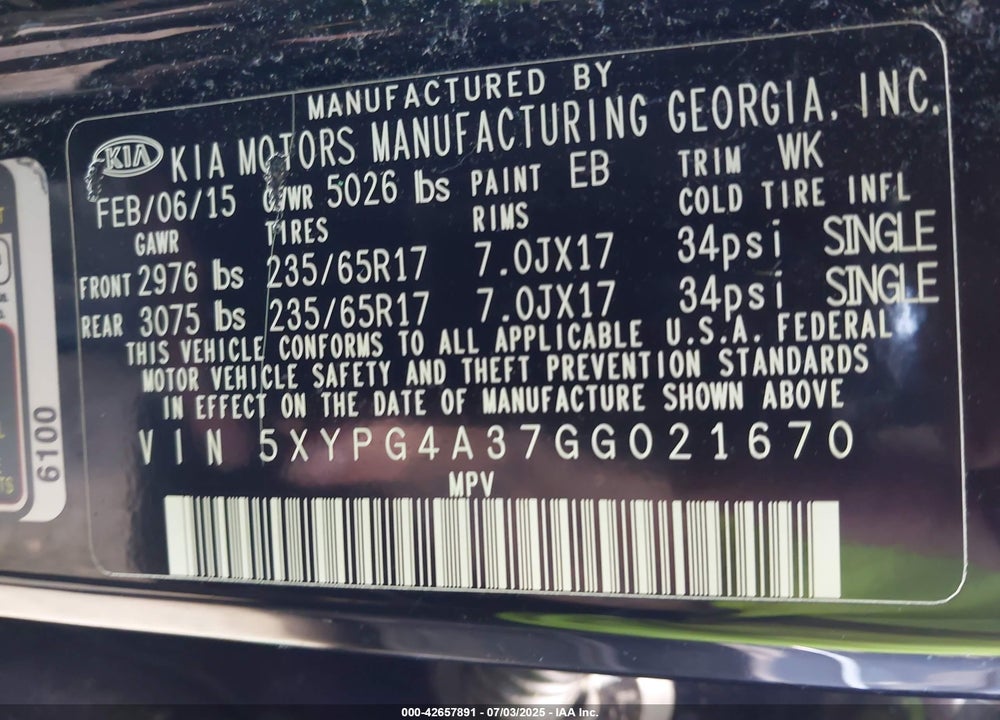 2016 KIA SORENTO VIN: 5XYPG4A37GG021670