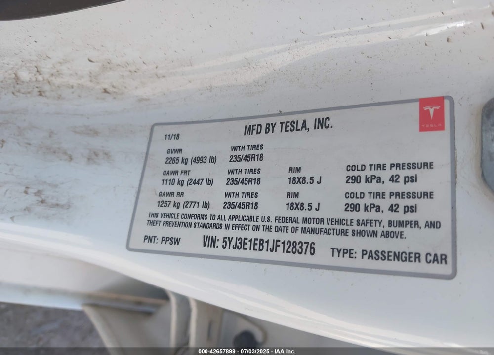 2018 TESLA MODEL 3 VIN: 5YJ3E1EB1JF128376