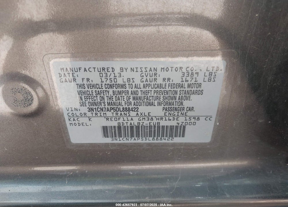 2013 NISSAN VERSA VIN: 3N1CN7AP5DL888422