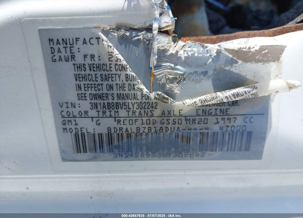 2020 NISSAN SENTRA VIN: 3N1AB8BV5LY302242