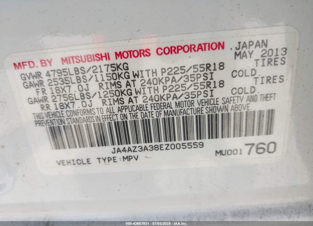 2014 MITSUBISHI OUTLANDER VIN: JA4AZ3A38EZ005559