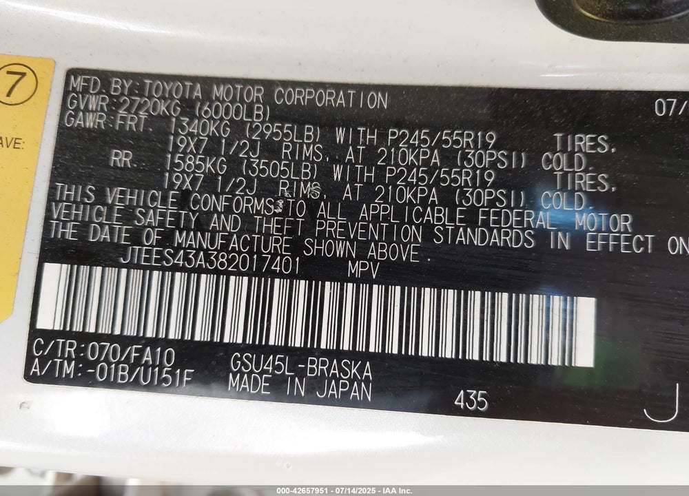 2008 TOYOTA HIGHLANDER VIN: JTEES43A382017401