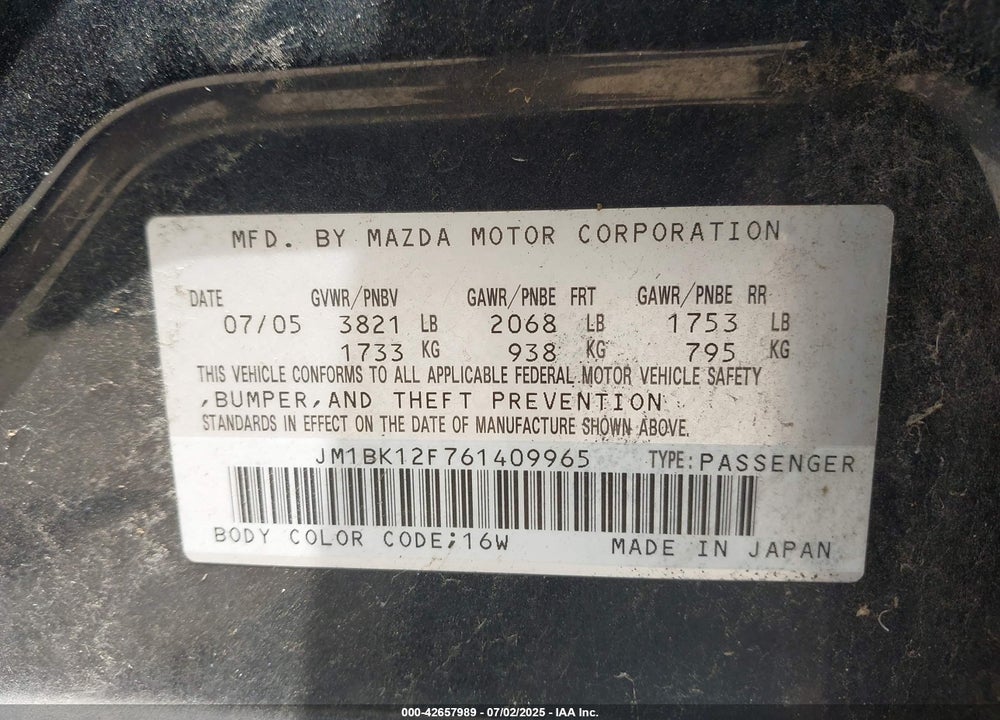 2006 MAZDA 3 VIN: JM1BK12F761409965