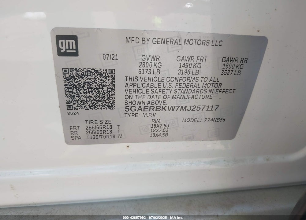 2021 BUICK ENCLAVE VIN: 5GAERBKW7MJ257117