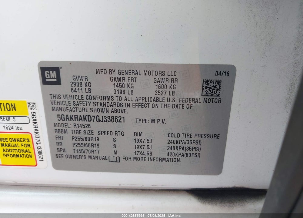 2016 BUICK ENCLAVE VIN: 5GAKRAKD7GJ338621