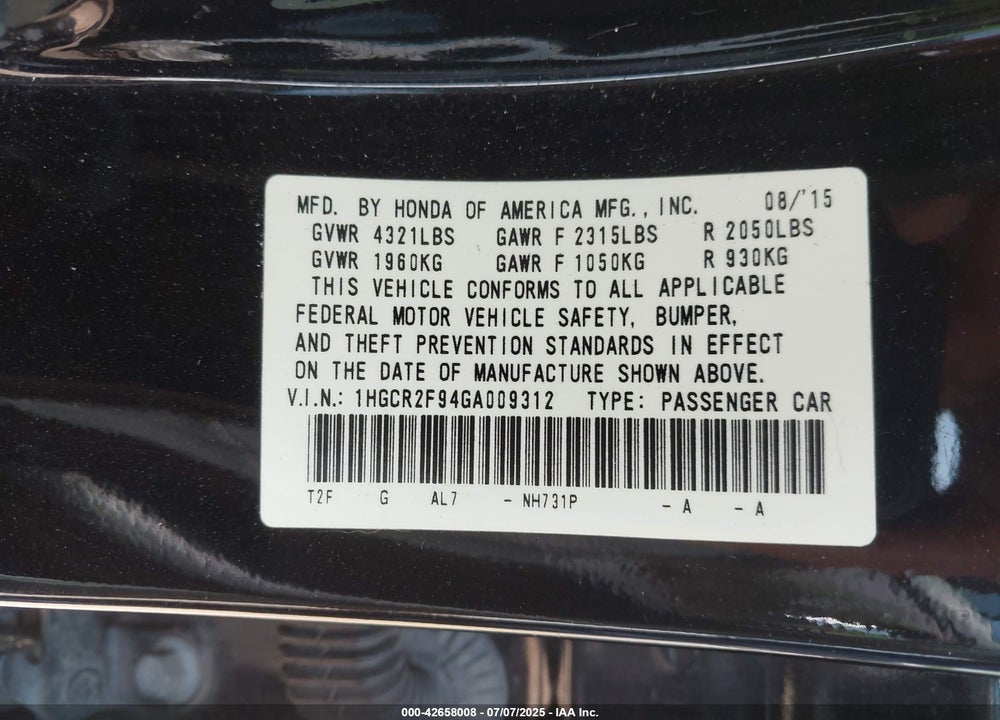 2016 HONDA ACCORD EX-L VIN: 1HGCR2F94GA009312