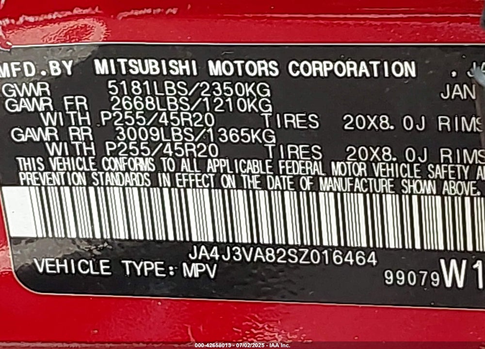2025 MITSUBISHI OUTLANDER VIN: JA4J3VA82SZ016464