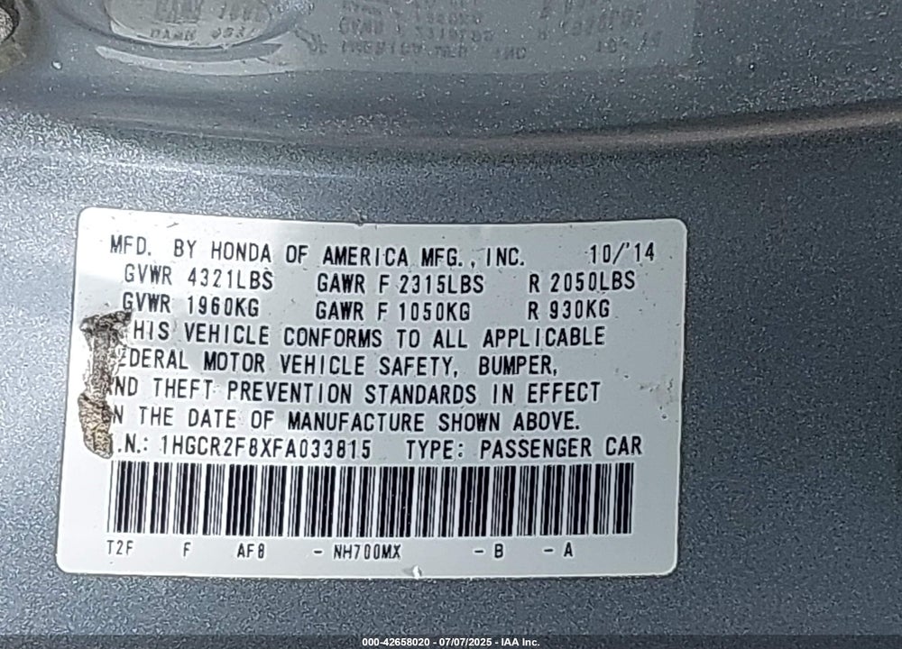 2015 HONDA ACCORD VIN: 1HGCR2F8XFA033815