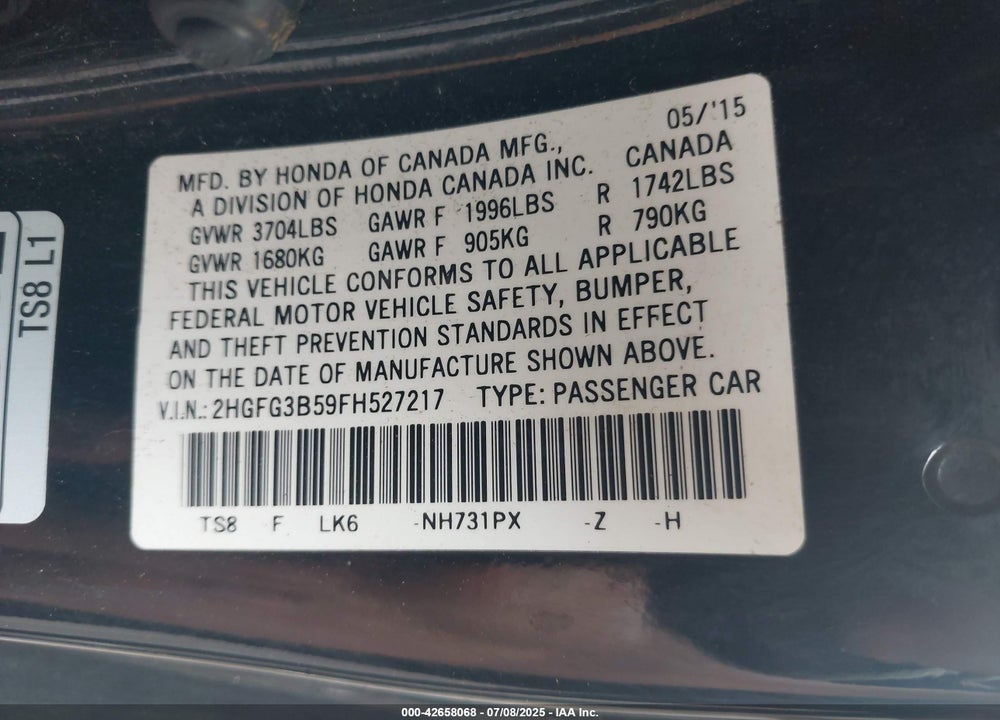 2015 HONDA CIVIC VIN: 2HGFG3B59FH527217