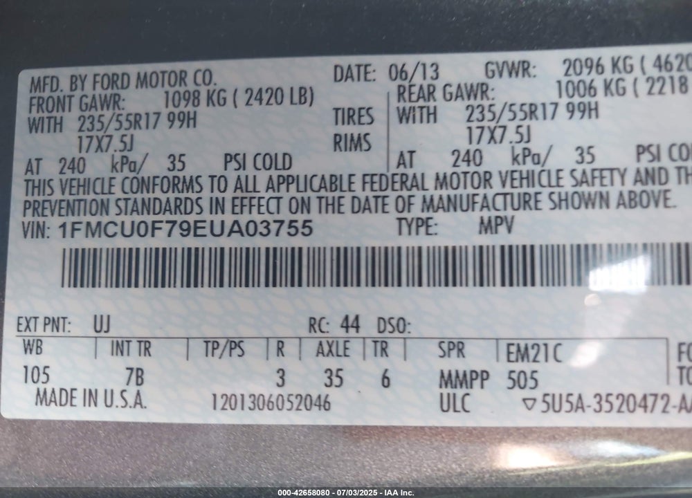 2014 FORD ESCAPE VIN: 1FMCU0F79EUA03755