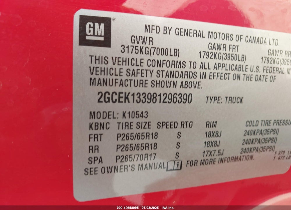 2008 CHEVROLET SILVERADO 1500 LT1 VIN: 2GCEK133981296390