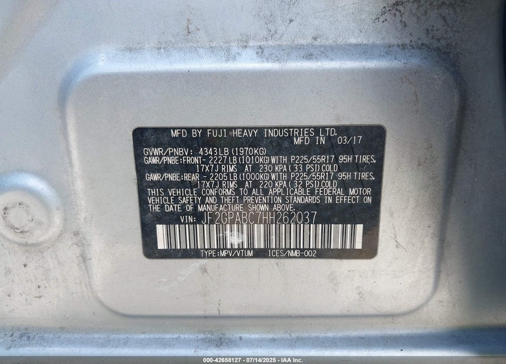 2017 SUBARU CROSSTREK VIN: JF2GPABC7HH262037
