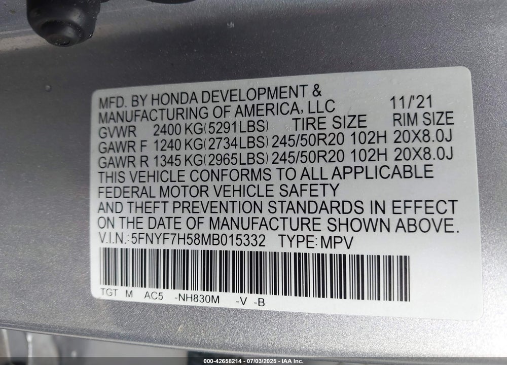 2021 HONDA PASSPORT VIN: 5FNYF7H58MB015332