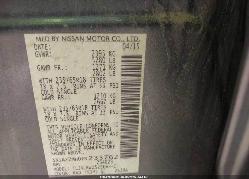2015 NISSAN MURANO SL VIN: 5N1AZ2MH0FN233762