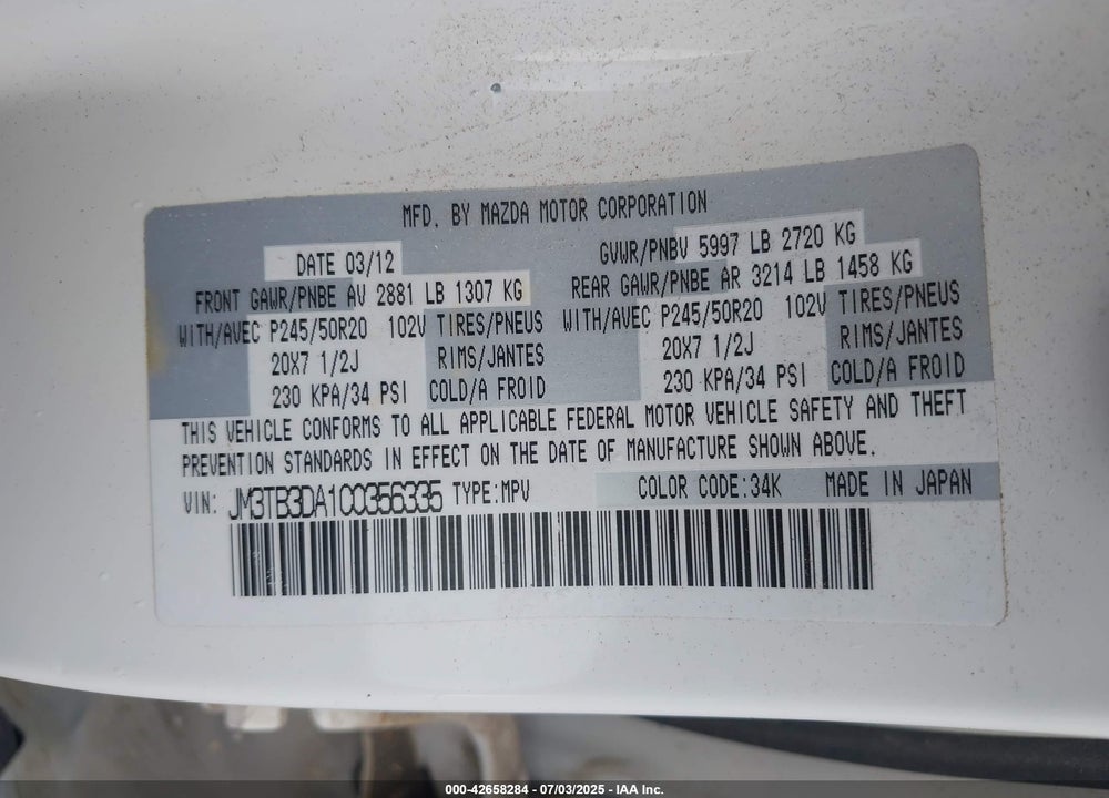 2012 MAZDA CX-9 GRAND TOURING VIN: JM3TB3DA1C0356335
