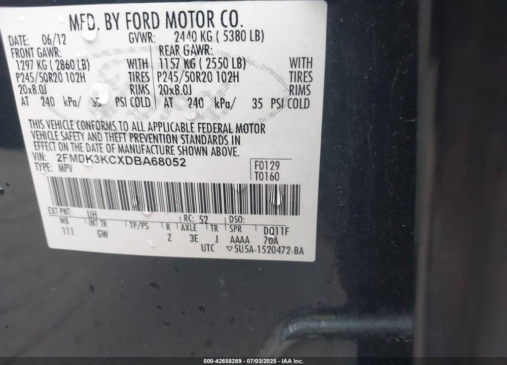 2013 FORD EDGE VIN: 2FMDK3KCXDBA68052