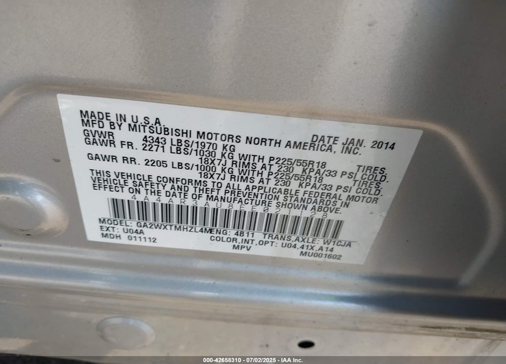 2014 MITSUBISHI OUTLANDER SPORT VIN: 4A4AR3AU8EE021128
