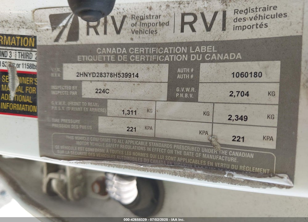 2008 ACURA MDX VIN: 2HNYD28378H539914