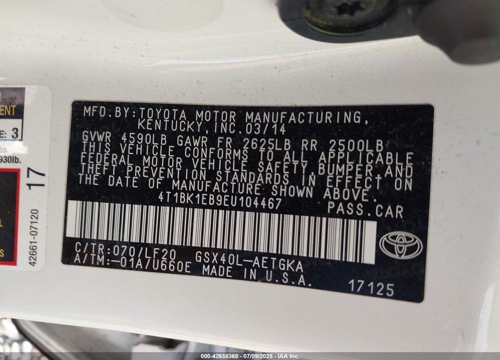 2014 TOYOTA AVALON VIN: 4T1BK1EB9EU104467
