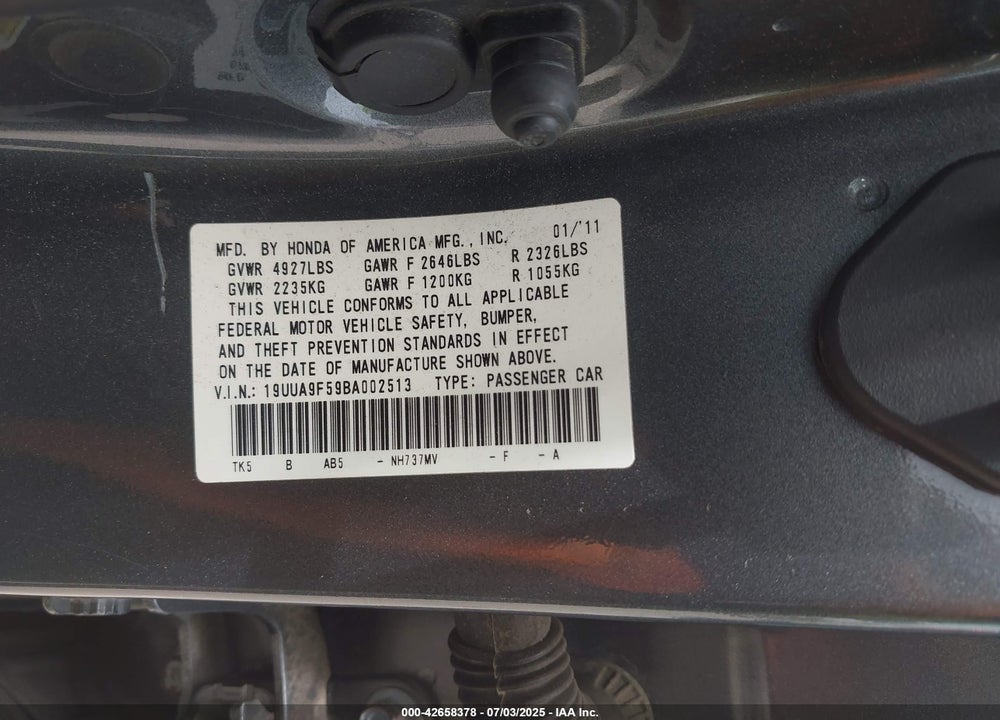 2011 ACURA TL VIN: 19UUA9F59BA002513