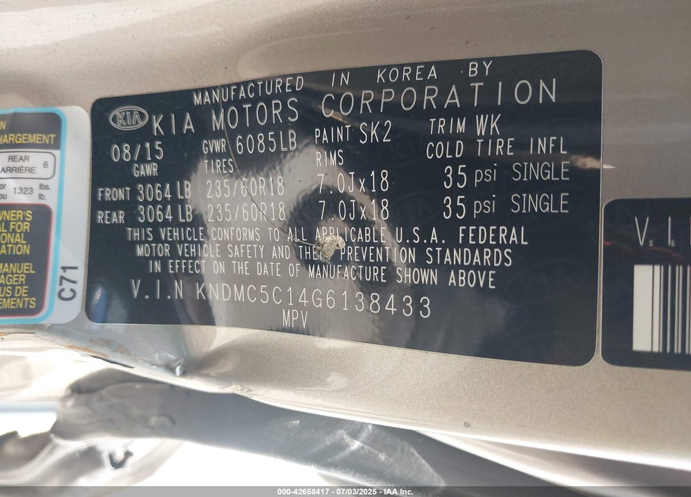 2016 KIA SEDONA VIN: KNDMC5C14G6138433