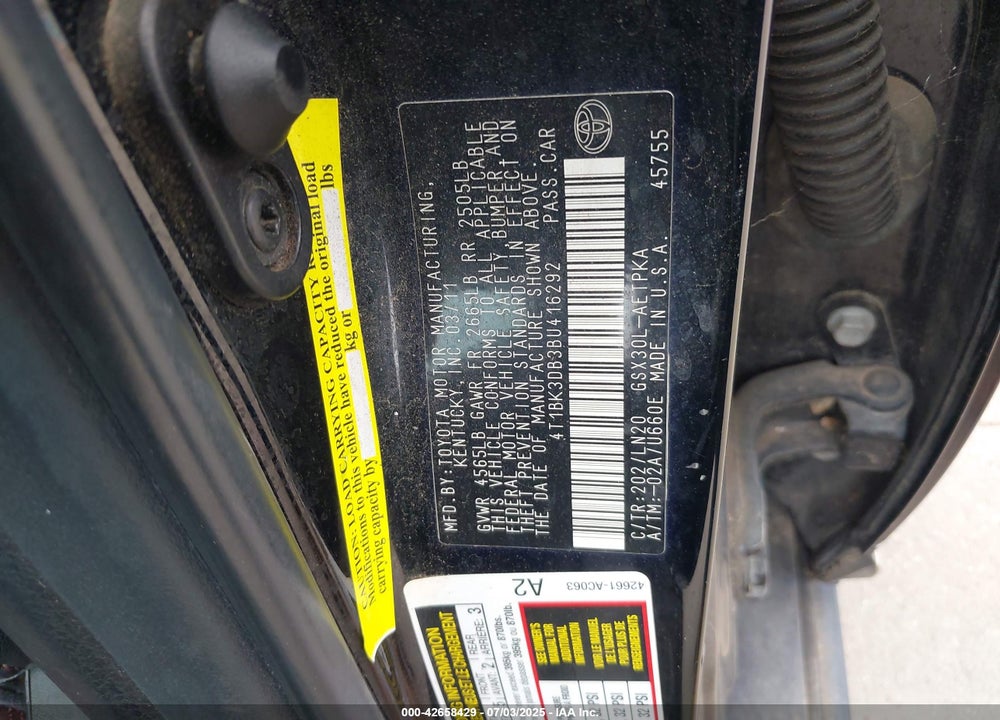 2011 TOYOTA AVALON VIN: 4T1BK3DB3BU416292